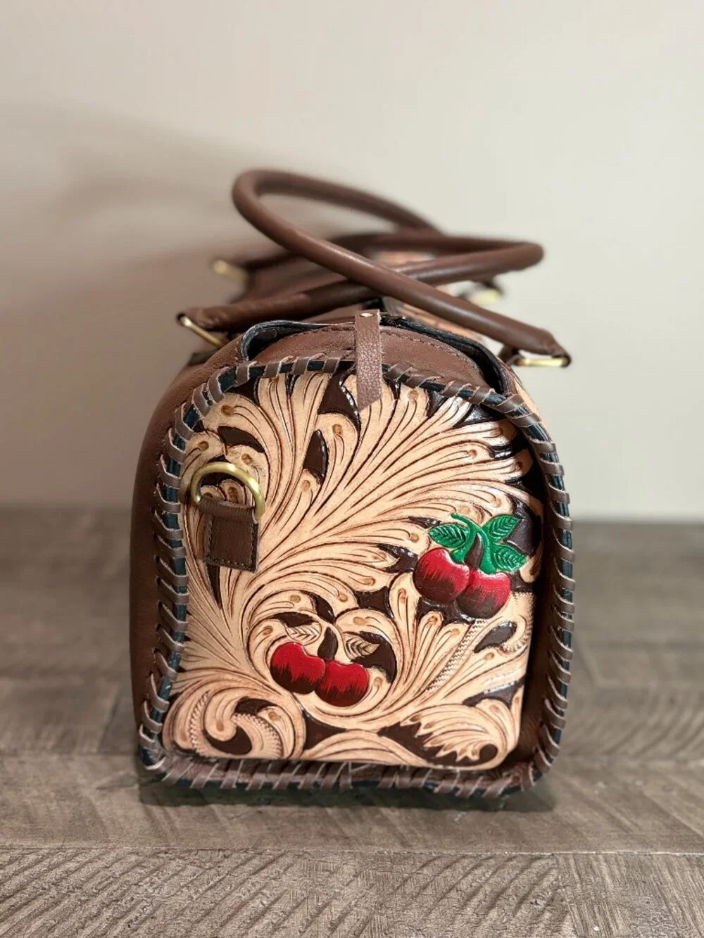 Hand Painted Tooled Leather Satchel Western Lucky You Barrel Bag Large Brown